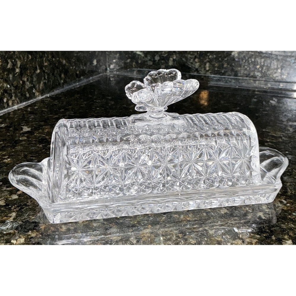 Vintage Crystal Glass Czech Republic Butter Dish With Butterfly‎ Handle Lid